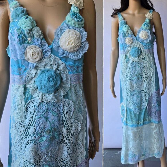 Ocean Blue Handmade Dress Vintage Embroideries,, Crochet and Romantic - Large - Picture 6 of 8